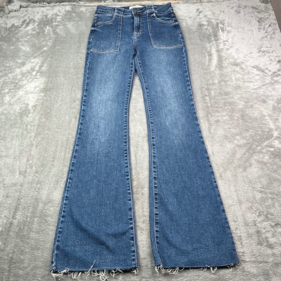 Hidden Jeans Denim - Hidden Jeans Flare Jeans Womens 25 Blue Solid Stretch Raw Hem Patch Pockets